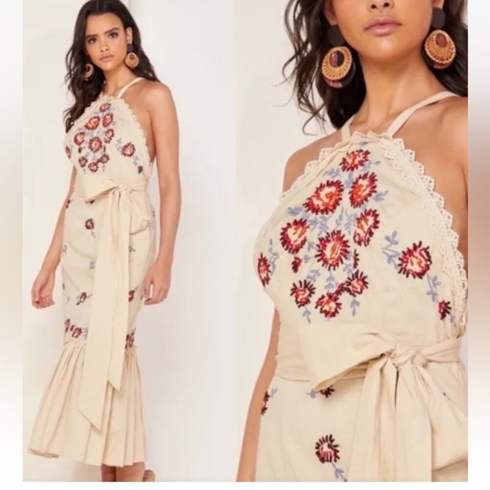 Free People NWTS Chrysanthemum Kiss Tan Embroidered Boho Dress size 8 Ecru Combo